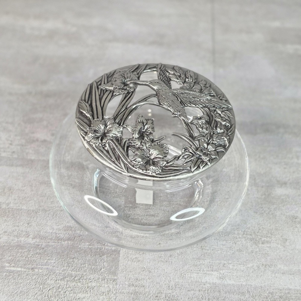 Vintage Potpourri Glass Bowl Jar Hummingbird Pewter Lid MCM Decorative